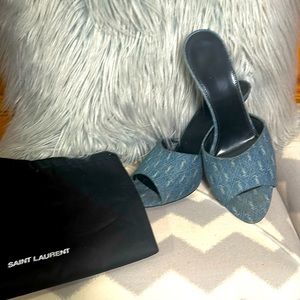 Saint Laurent YSL LA 16 Denim Jeans Monogram Mules Slide Sandals Heels Shoes